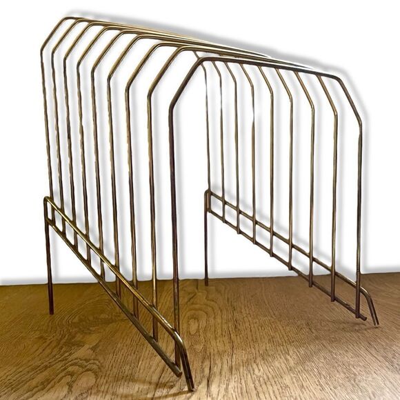 Vintage 1970’s Gold Brass Tone Lacquer Wire (8) Vinyl File Holder Tabletop Stand - Picture 4 of 14